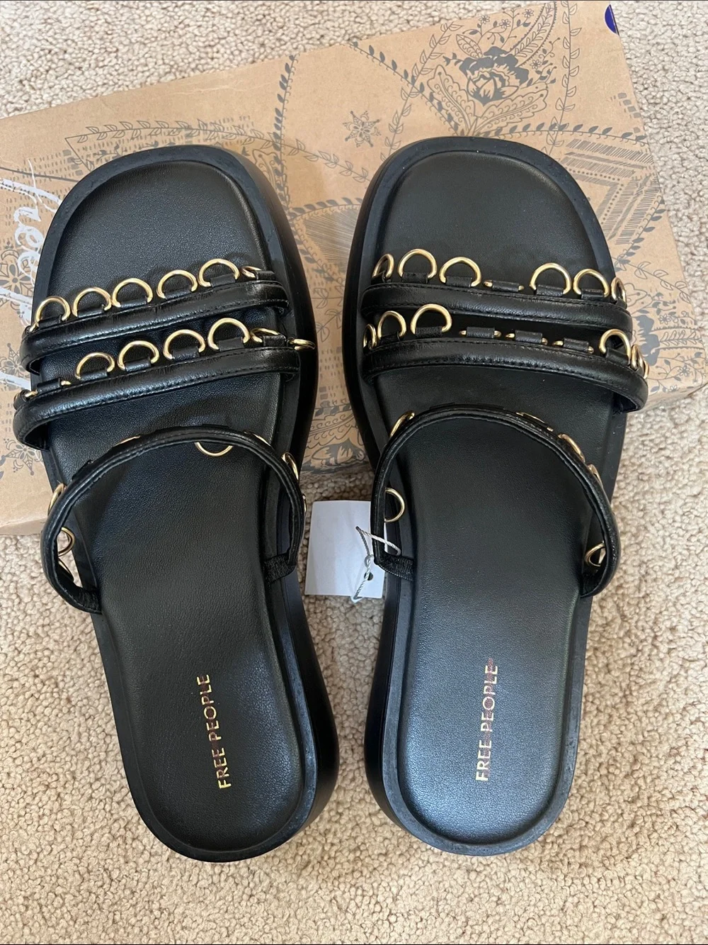 Free People Midas Touch Black Flatform Sandals with Gold Ring Trim